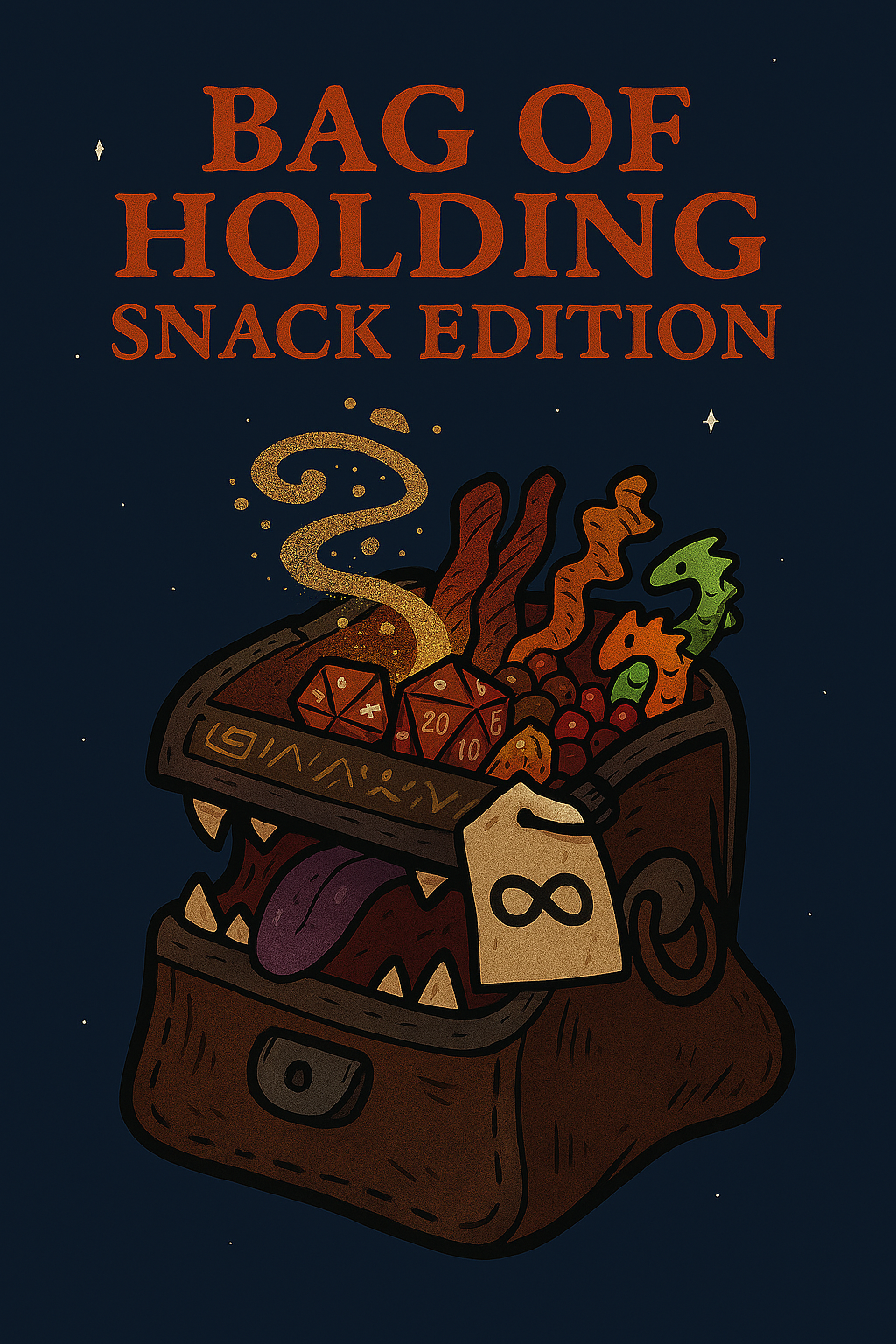 A rugged leather satchel overflowing with enchanted snacks—jerky, gummy dragons, and trail mix—glowing with magical energy against a starry night background.