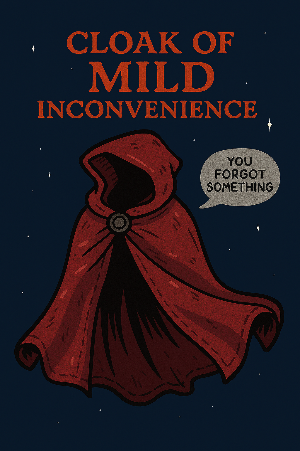 A deep red cloak draped over a crooked mannequin, subtly animated with magical static and surrounded by floating socks and spilled tea