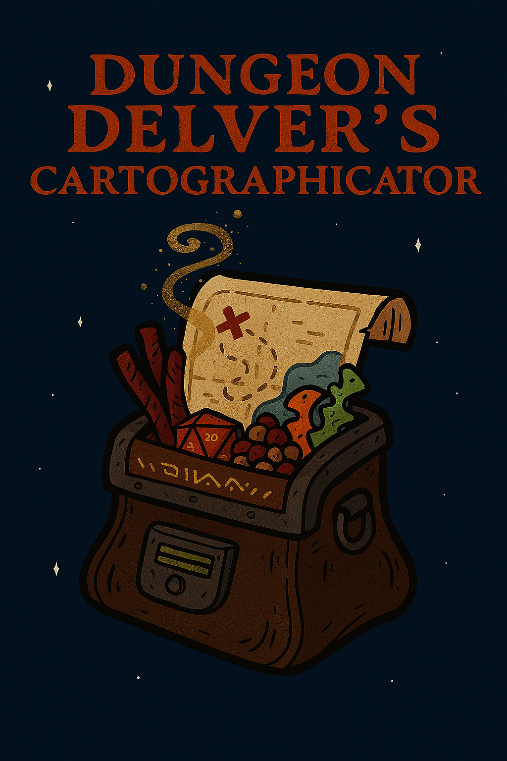 A rune-etched map printer ejecting a parchment marked with a red 'X', mountains, and water lines, glowing faintly in a dark fantasy setting.