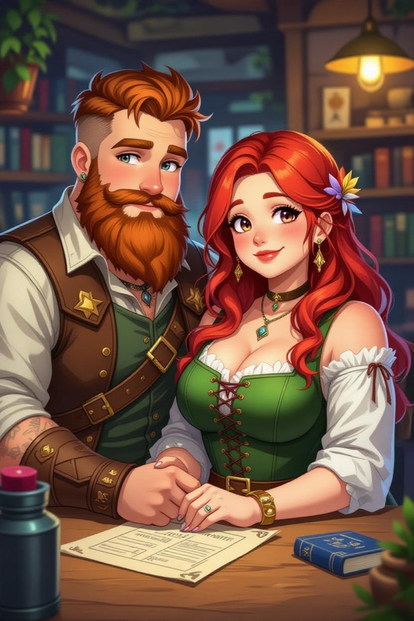 A smiling man and woman in medieval attire sitting together in a cozy library. They hold hands across a wooden table with a document, book, and bottle in front of them. Warm lighting and bookshelves in the background create an intimate, storybook atmosphere.